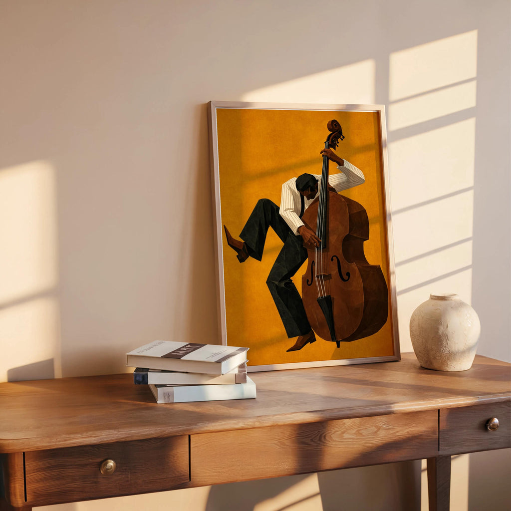 Jazz Bassist Wall Art, Modern Mid Century Musician Print, Retro African American Poster, Afrocentric Painting, Black Culture Soul Music