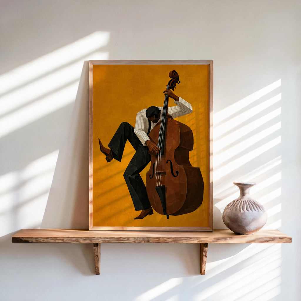 Jazz Bassist Wall Art, Modern Mid Century Musician Print, Retro African American Poster, Afrocentric Painting, Black Culture Soul Music