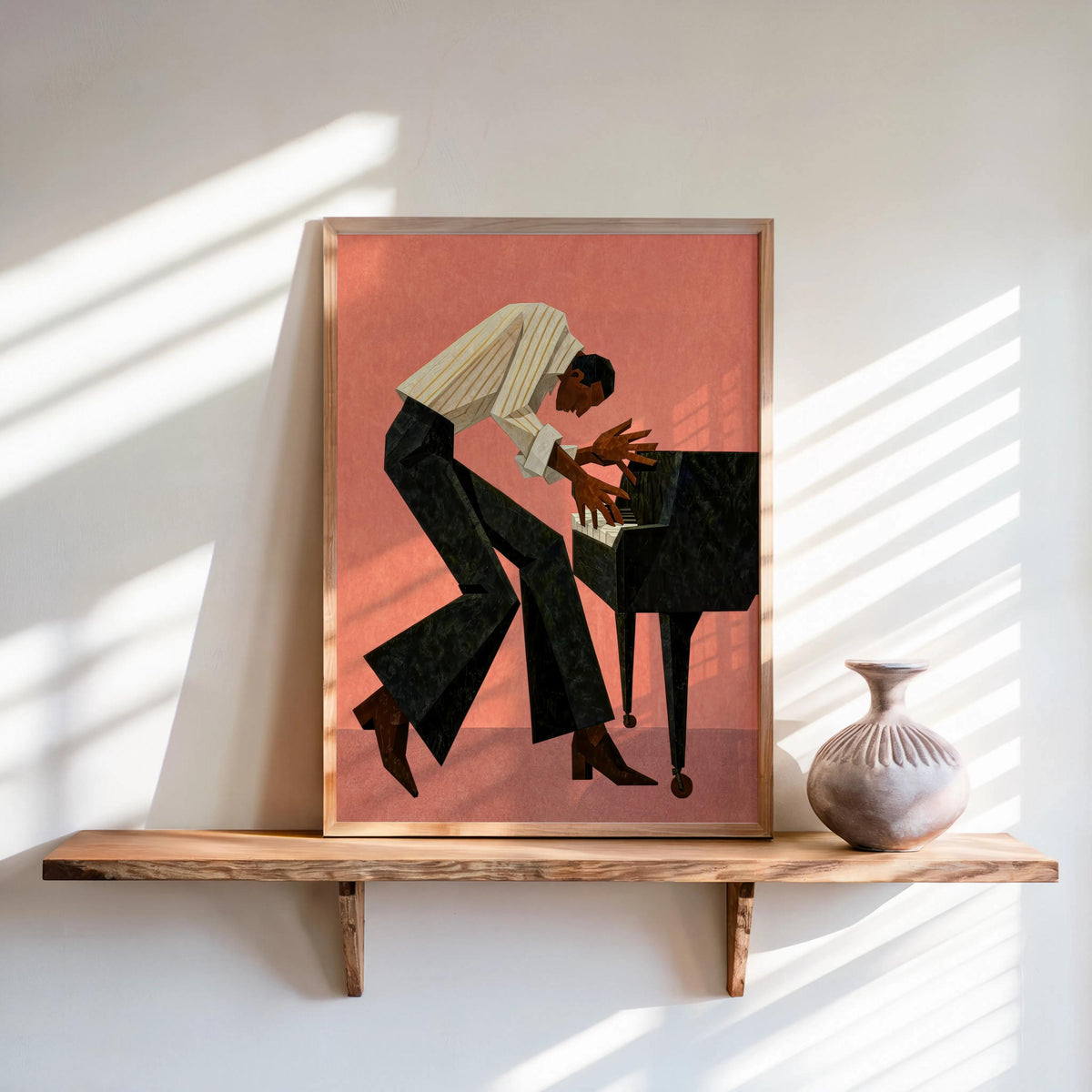 Retro Pianist Jazz Wall Art, Abstract Mid Century Musician Print, Vintage Afrocentric Soul Illustration, Modern Black Man Culture Cubism