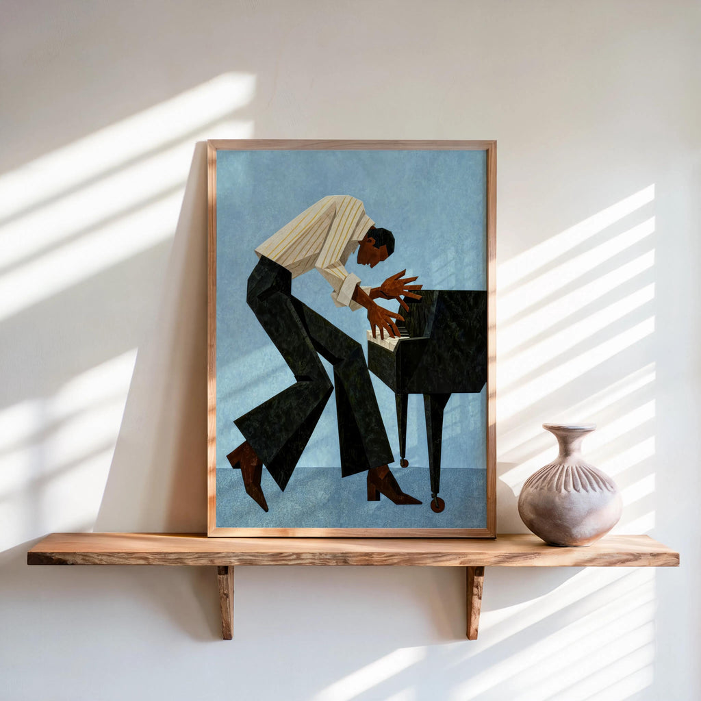 Retro Pianist Jazz Wall Art, Abstract Mid Century Musician Print, Vintage Afrocentric Soul Illustration, Modern Black Man Culture Cubism