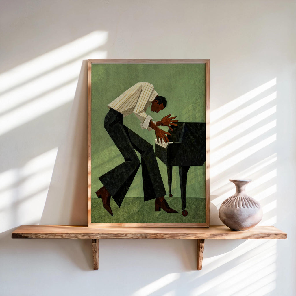 Retro Pianist Jazz Wall Art, Abstract Mid Century Musician Print, Vintage Afrocentric Soul Illustration, Modern Black Man Culture Cubism