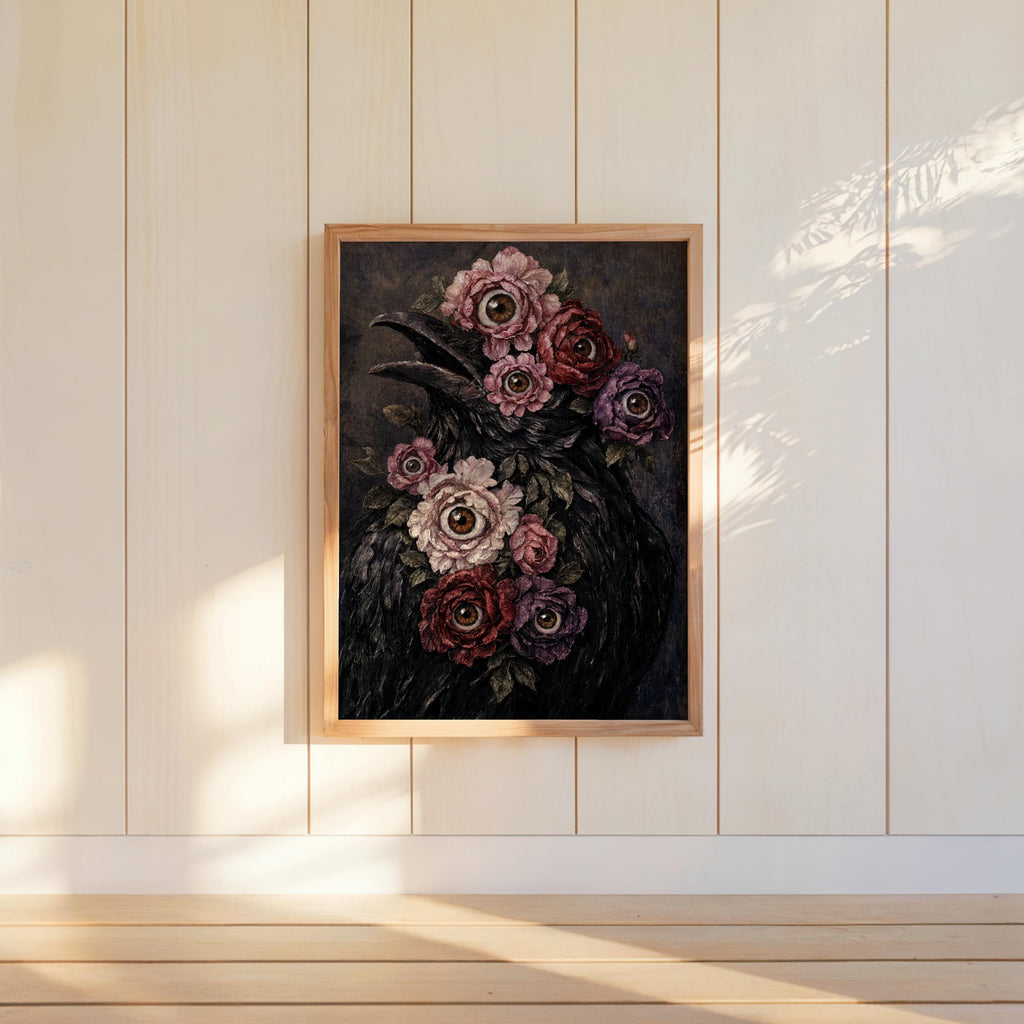 Surreal raven art print centered on paneled wall with sunlit highlights, macabre floral print presence