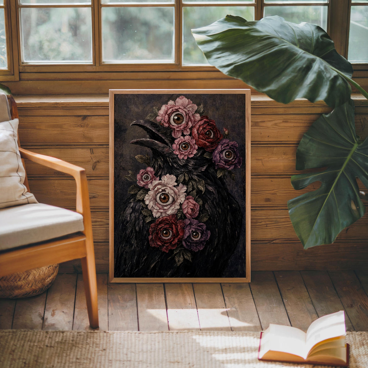 Surreal raven art print on a rustic bench by a window, lush leaves nearby, eyeball flower art details