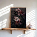 Surreal raven art print leaning on a sunlit wooden shelf, dark floral raven with eye-like details