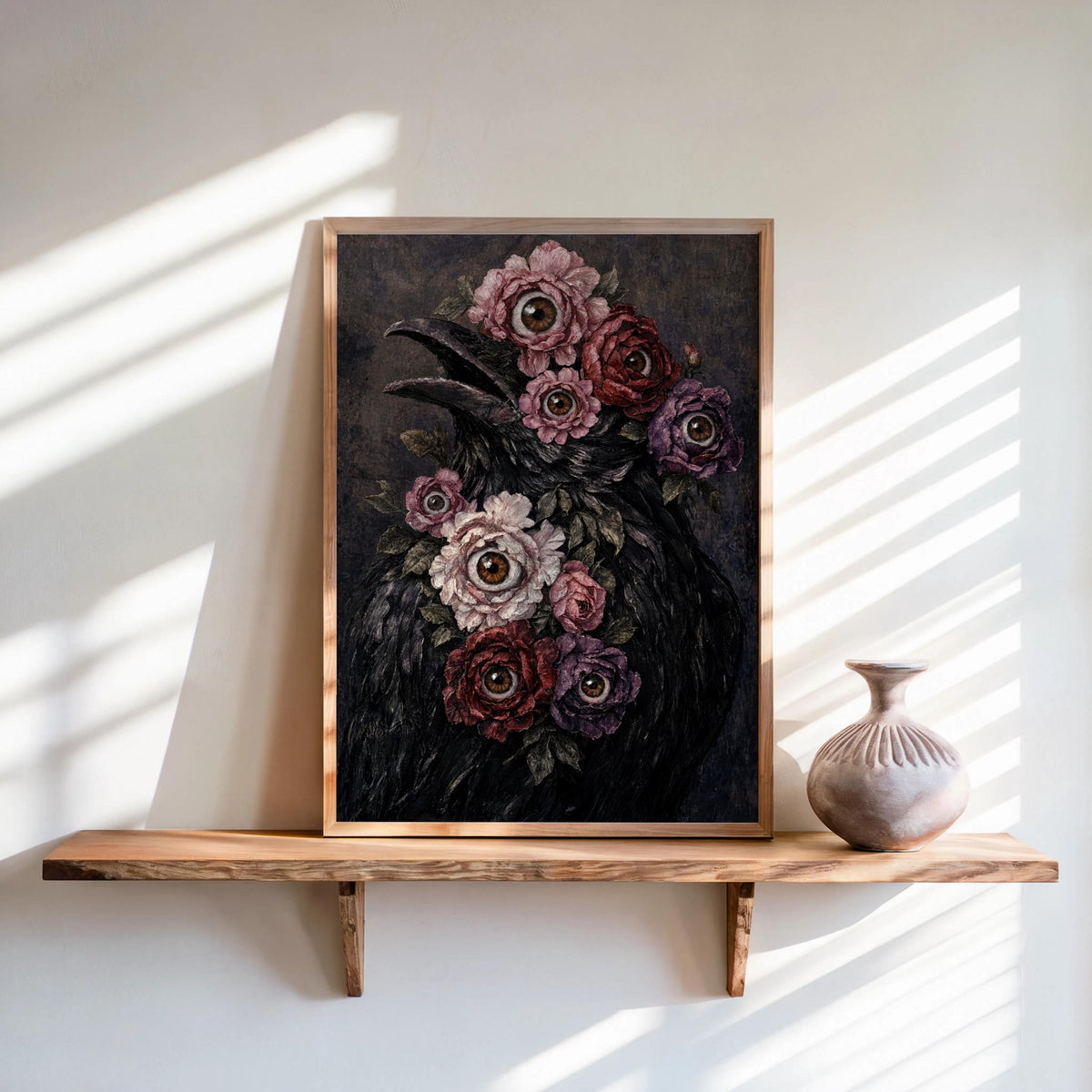 Surreal raven art print leaning on a sunlit wooden shelf, dark floral raven with eye-like details