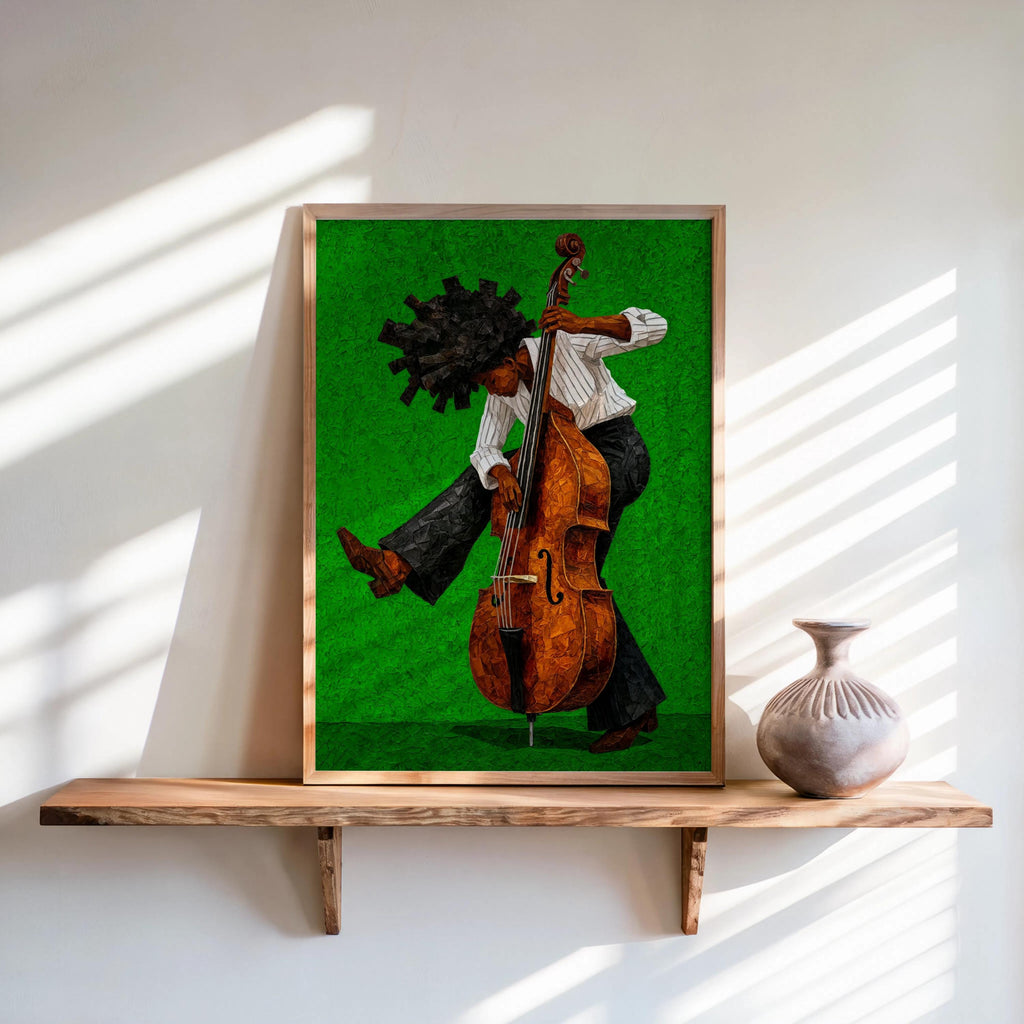 Afrocentric Jazz Bassist Art Print, Black Culture Bass Musician Wall Decor, Modern Mid Century Soul Music Poster, Retro Afro Hair Painting
