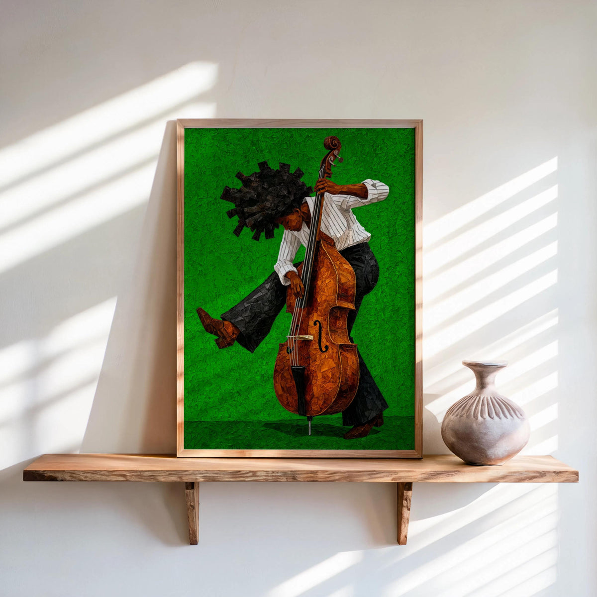 Afrocentric Jazz Bassist Art Print, Black Culture Bass Musician Wall Decor, Modern Mid Century Soul Music Poster, Retro Afro Hair Painting