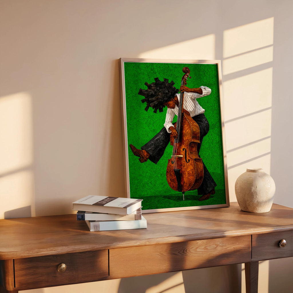 Afrocentric Jazz Bassist Art Print, Black Culture Bass Musician Wall Decor, Modern Mid Century Soul Music Poster, Retro Afro Hair Painting