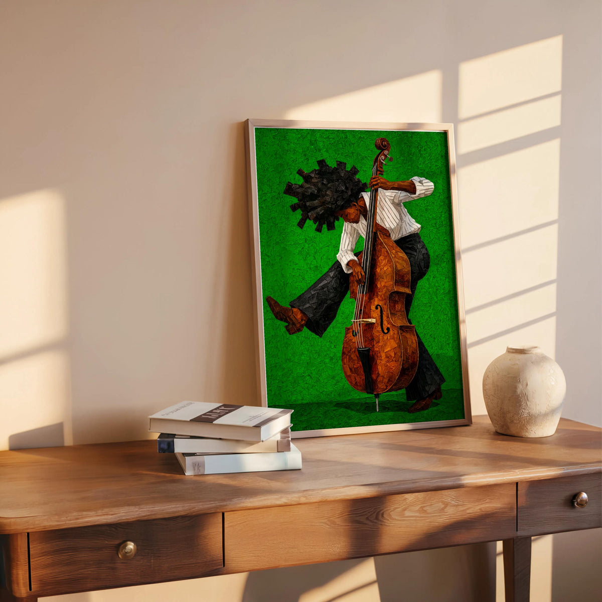 Afrocentric Jazz Bassist Art Print, Black Culture Bass Musician Wall Decor, Modern Mid Century Soul Music Poster, Retro Afro Hair Painting