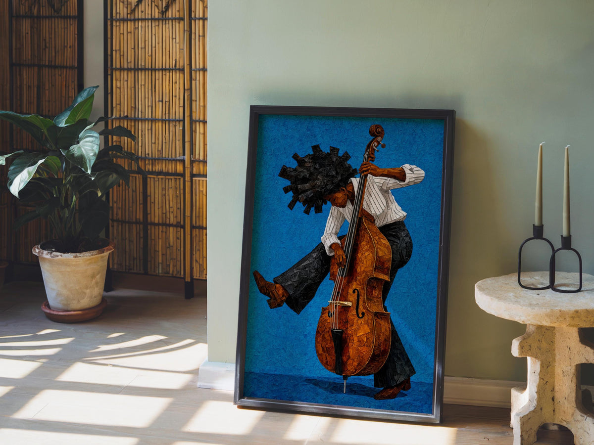 Afrocentric Jazz Bassist Art Print, Black Culture Bass Musician Wall Decor, Modern Mid Century Soul Music Poster, Retro Afro Hair Painting