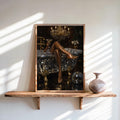 Framed disco ball bathtub art print leaning on a sunlit wooden shelf, black and gold sparkle, ceramic vase beside it