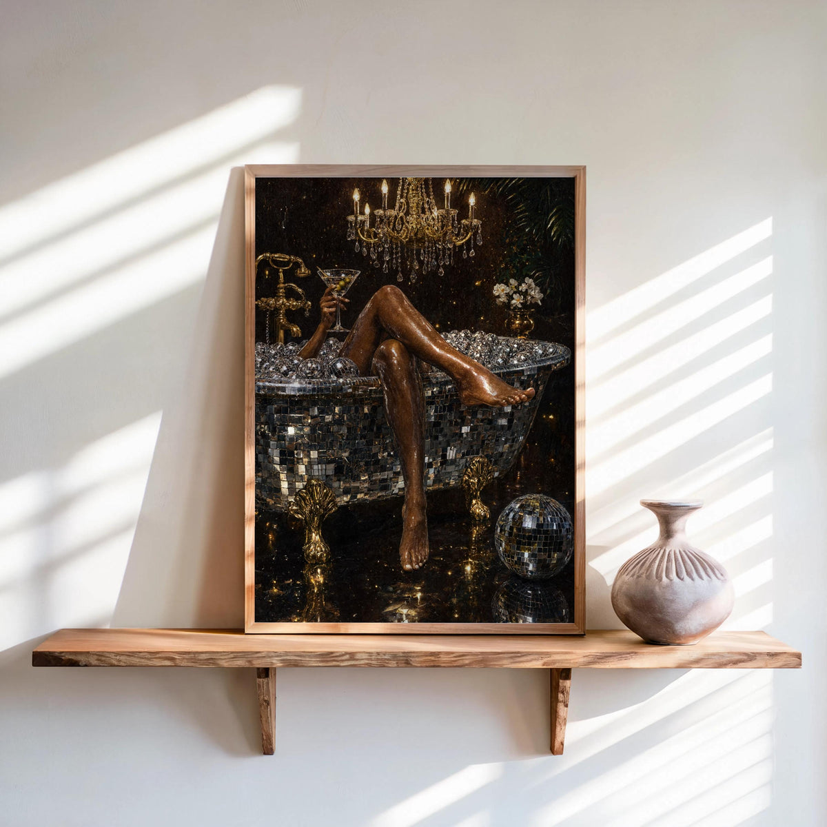 Framed disco ball bathtub art print leaning on a sunlit wooden shelf, black and gold sparkle, ceramic vase beside it