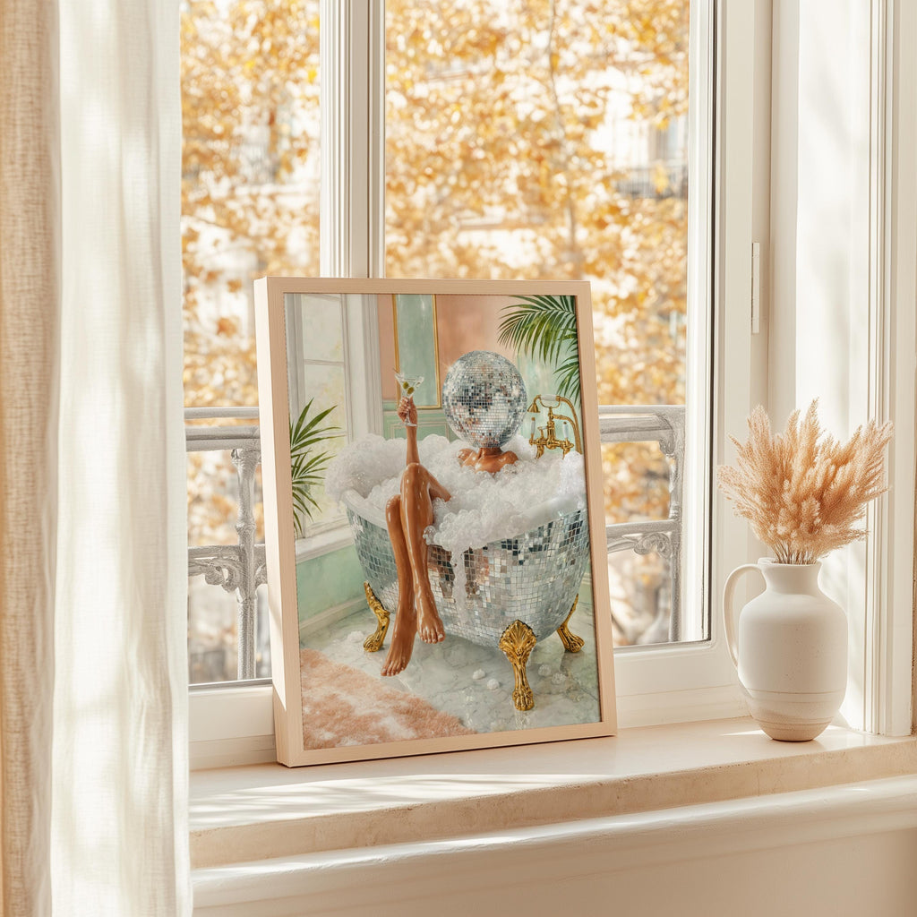 Disco bath art framed on a sunlit windowsill, golden autumn trees outside, feminine martini lounge mood