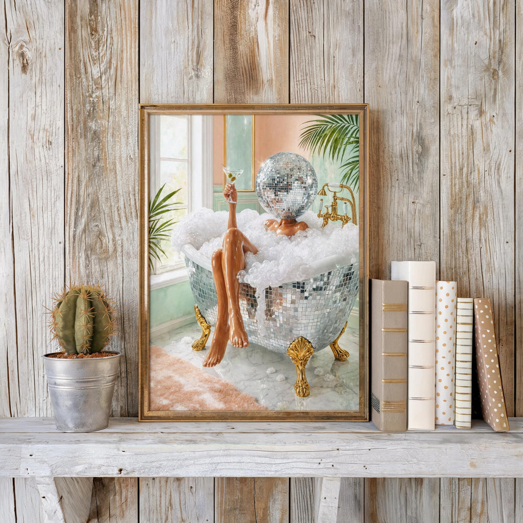 Whimsical bathroom print framed against weathered wood, small cactus and stacked books, disco wall decor vibe