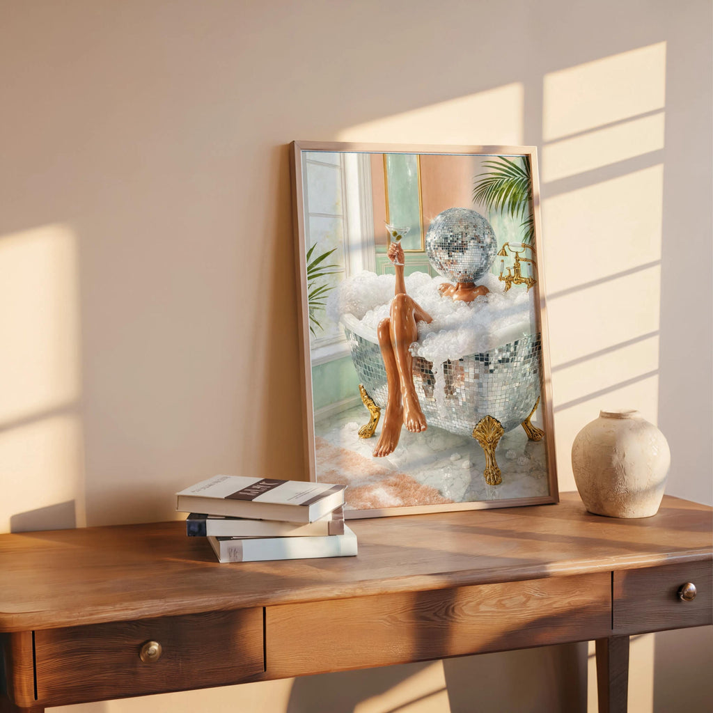 Retro woman art print leaning on a rustic desk, stacked books and warm sunlight, disco bath art energy