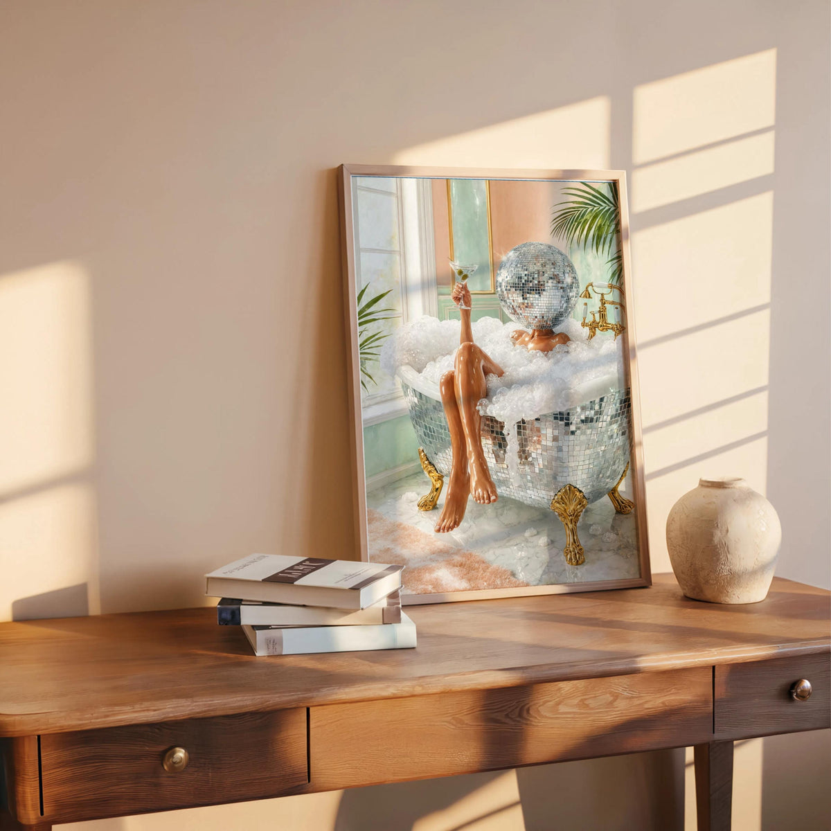Retro woman art print leaning on a rustic desk, stacked books and warm sunlight, disco bath art energy