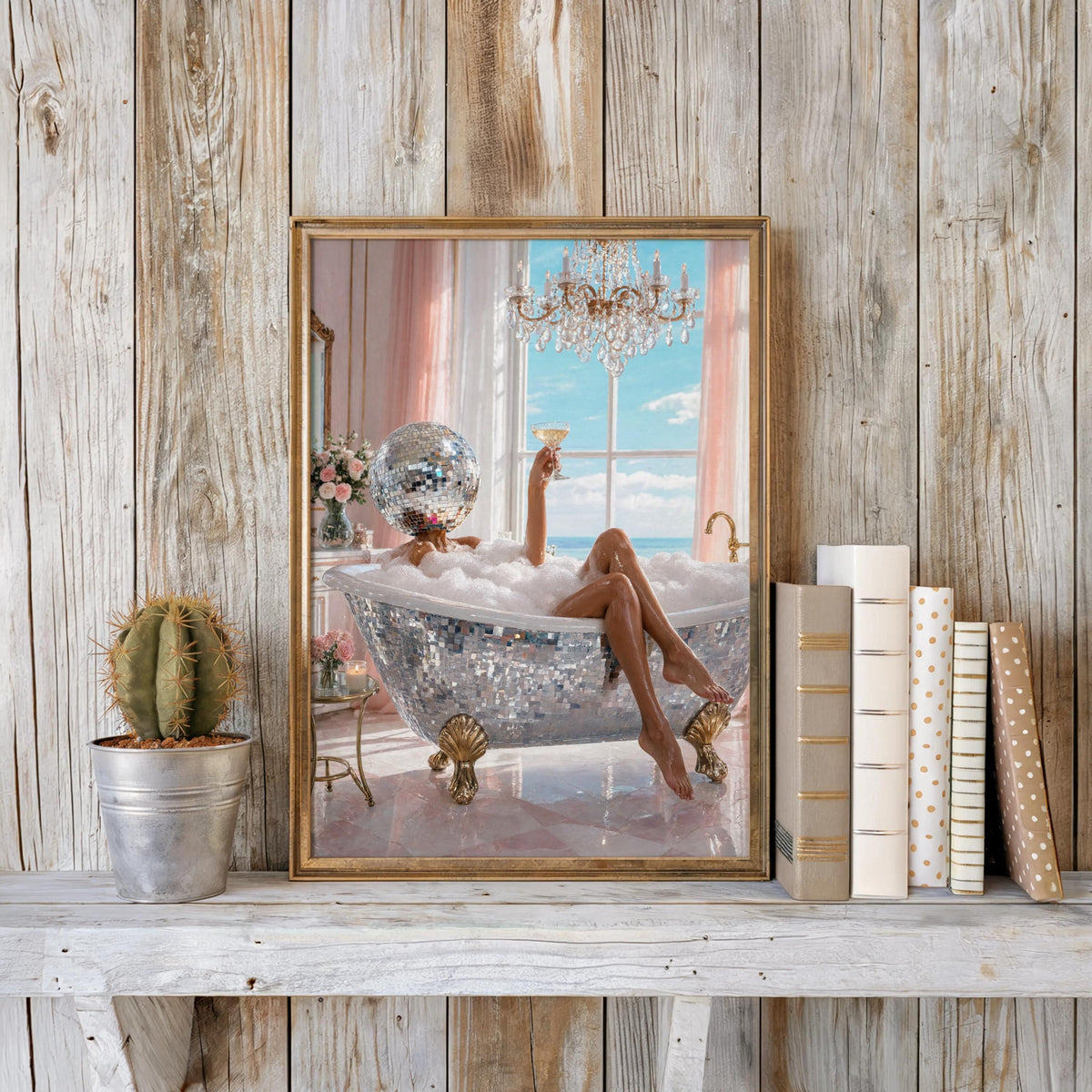 Coastal Disco Ball Head Woman in Bath Print, Luxury Girly Bathroom Decor, Dreamy Pink Martini Wall Art, Feminine Power Room Artwork
