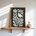 Moody Scandinavian Botanical Print, Beige Mid Century Wall Art, Floral & Birds Scandi Folk Art Decor, Organic Minimalist Illustration Motif