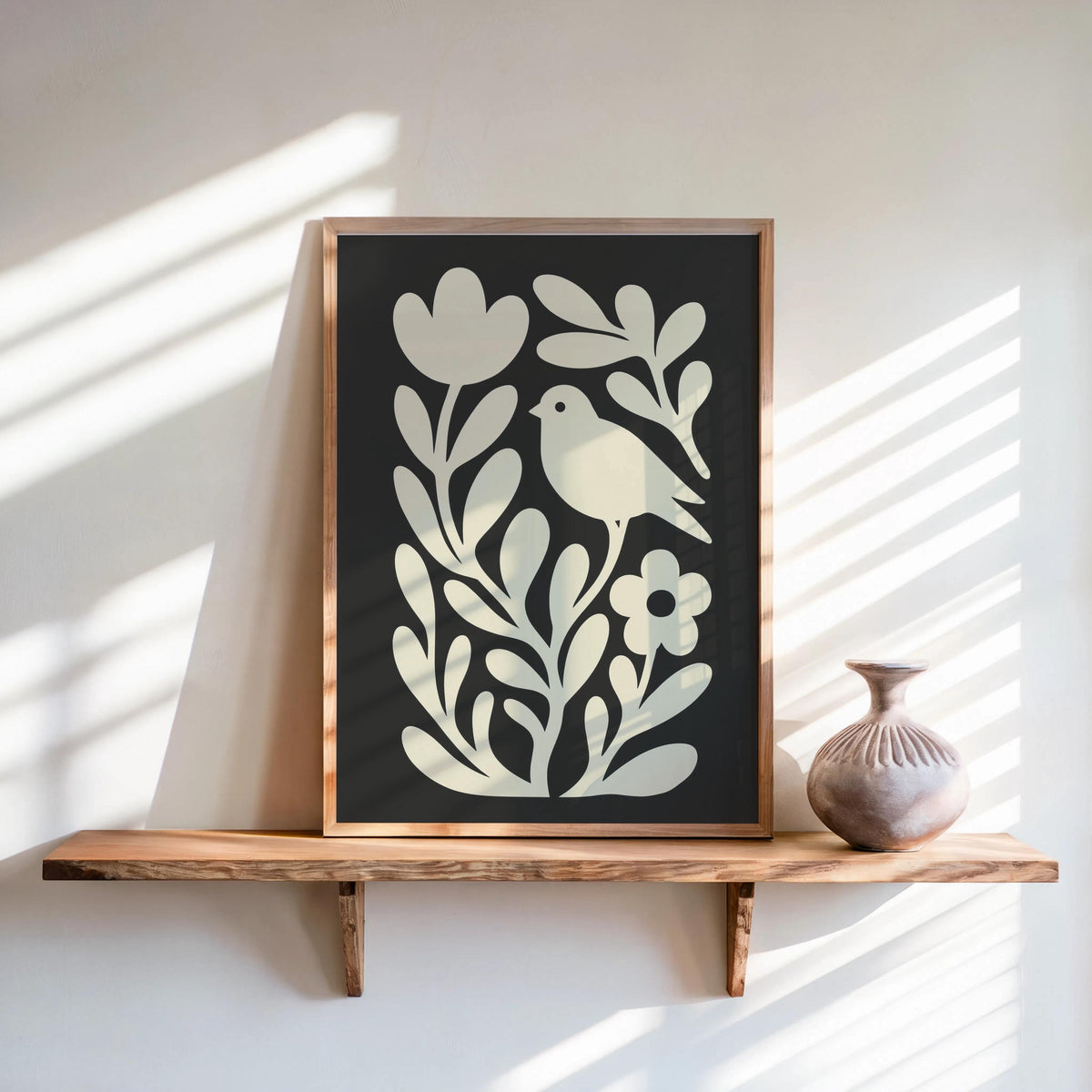 Moody Scandinavian Botanical Print, Beige Mid Century Wall Art, Floral & Birds Scandi Folk Art Decor, Organic Minimalist Illustration Motif