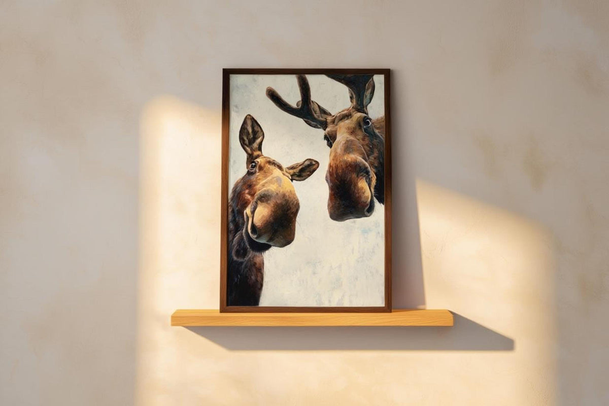 Moose print sitting on a slim wooden shelf, warm sunlight on textured brushstrokes, funny moose wall art printable