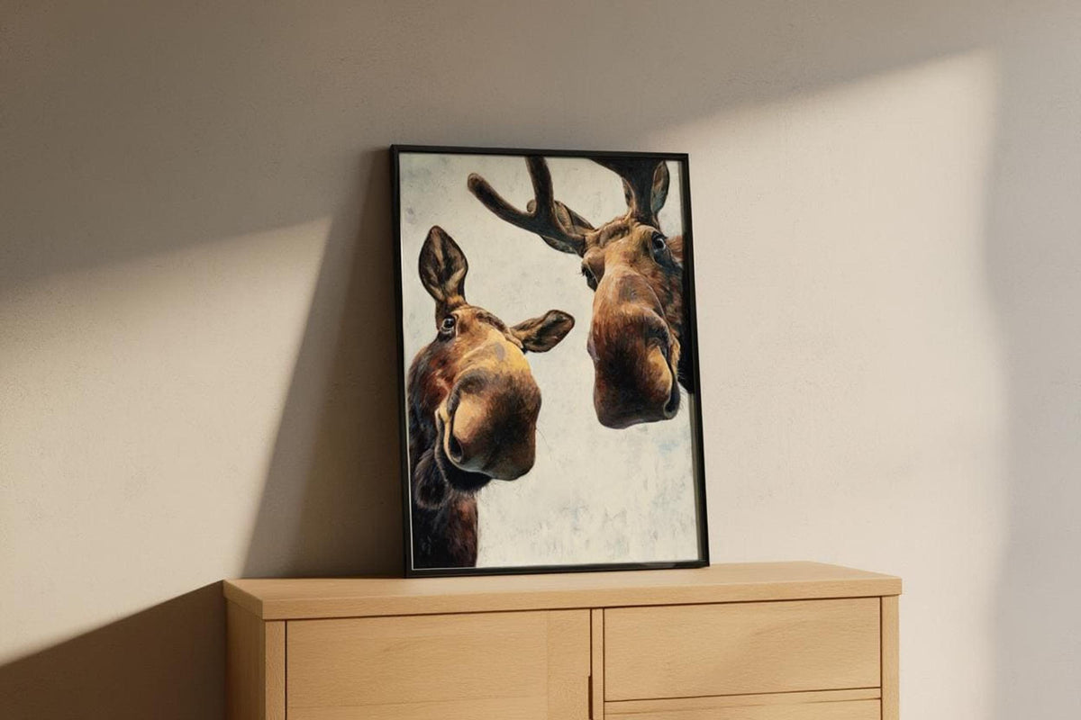 Moose art on a low cabinet with soft shadow play, modern farmhouse styling, funny moose wall art printable for rustic decor