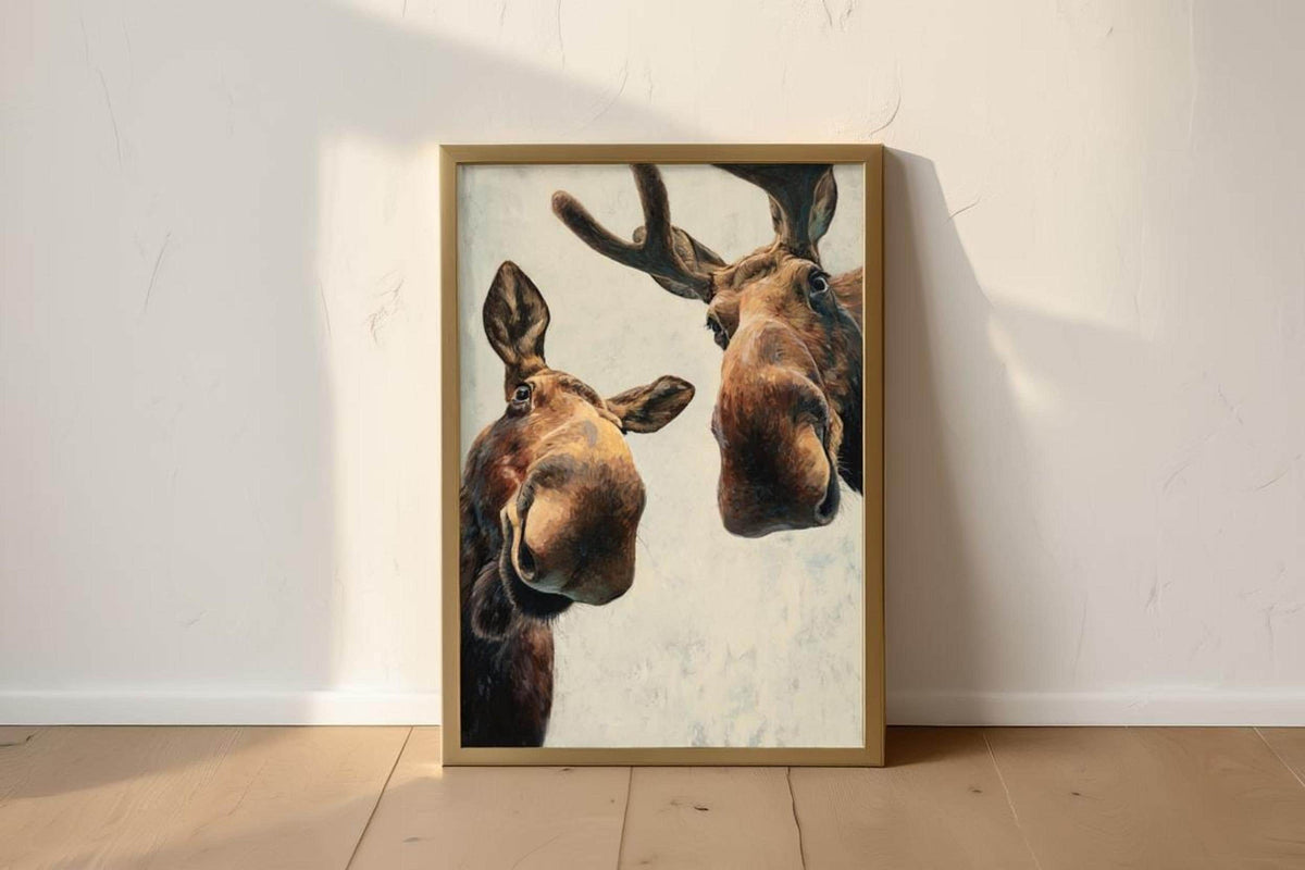 Leaning moose print catching bright sunlight on hardwood, visible brushstrokes, playful wildlife art, funny moose wall art printable