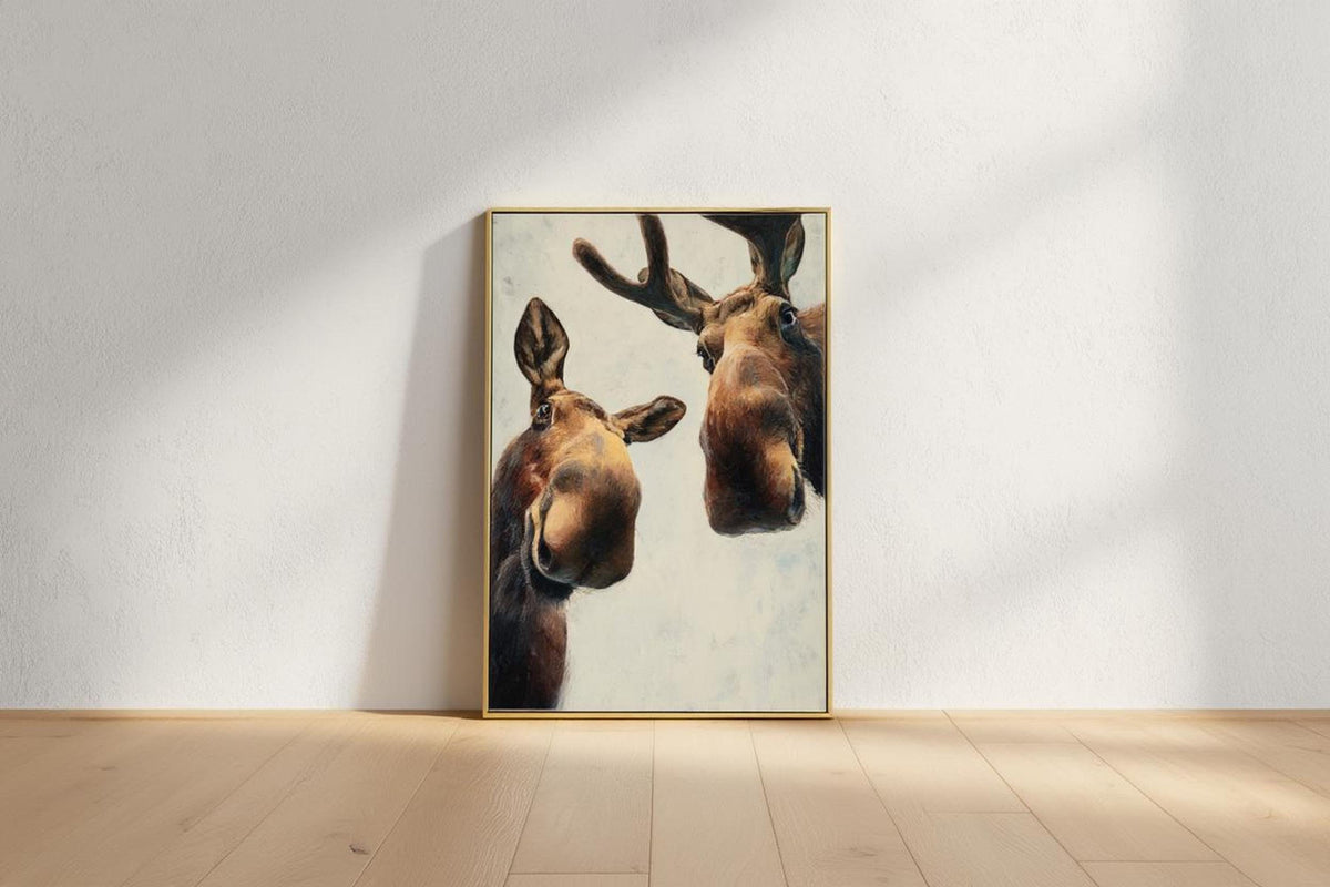 Moose art on the floor beside a soft cushion, minimal nursery styling and neutral light, whimsical moose art, funny moose wall art printable