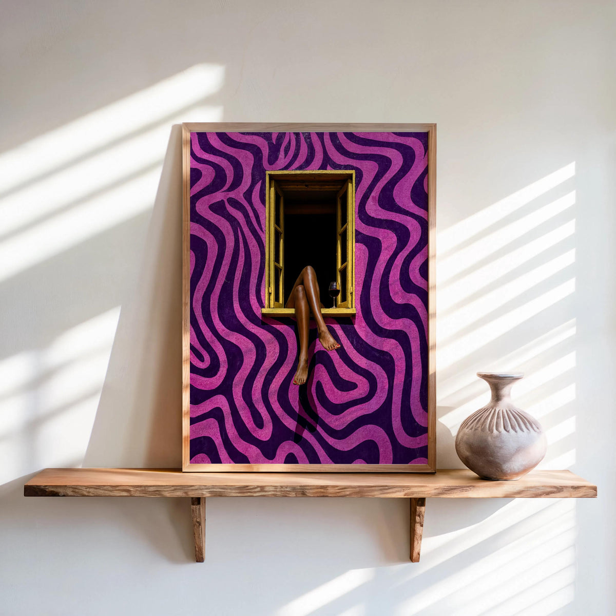 Black Woman Legs in Window Print, Trippy Surreal Eclectic Wall Art, Psychedelic Afrocentric Wine Lover Decor, Minimalist Abstract Canvas