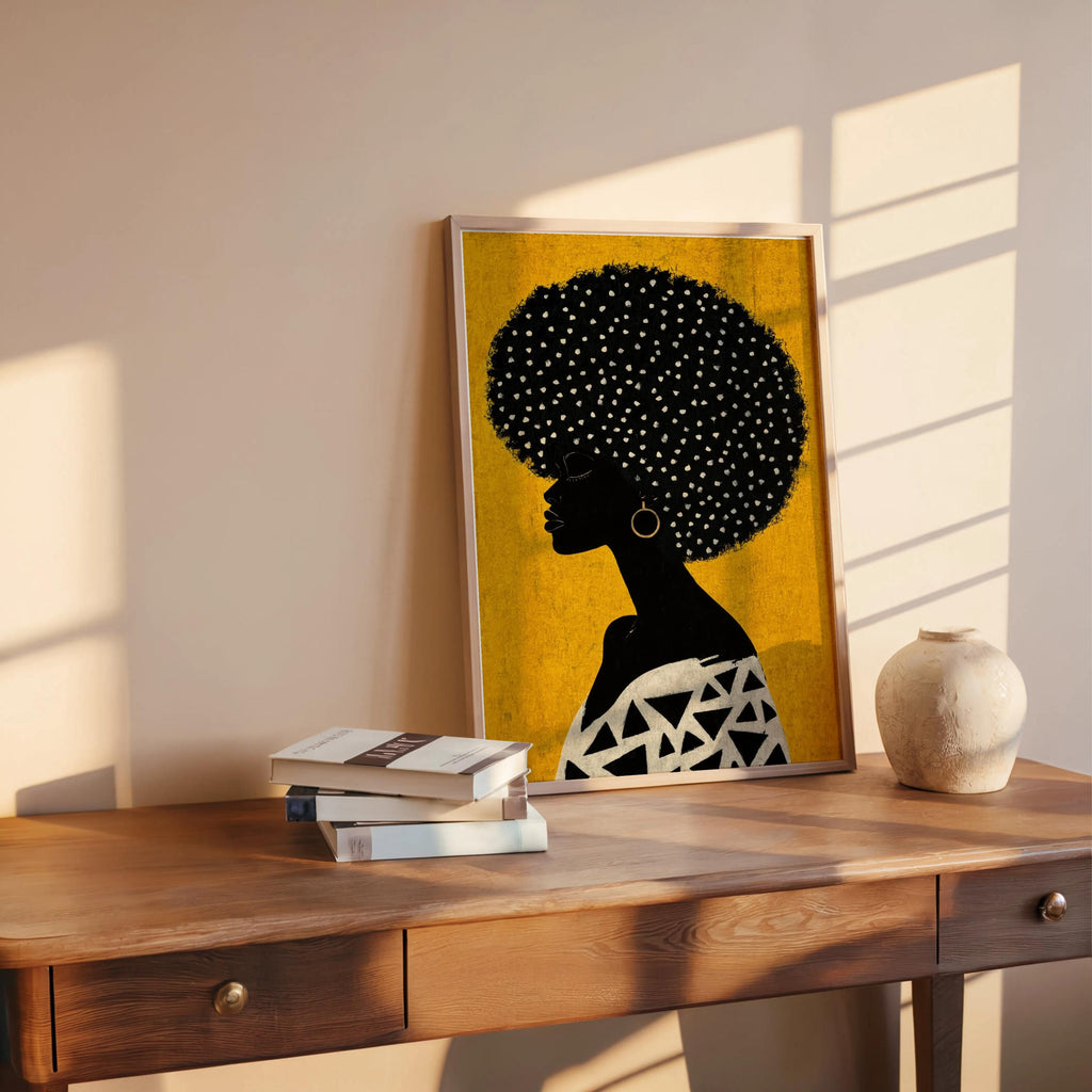 Mustard yellow print resting on a table, elegant silhouetted profile and patterned black-and-white top, Afrocentric Black woman wall art