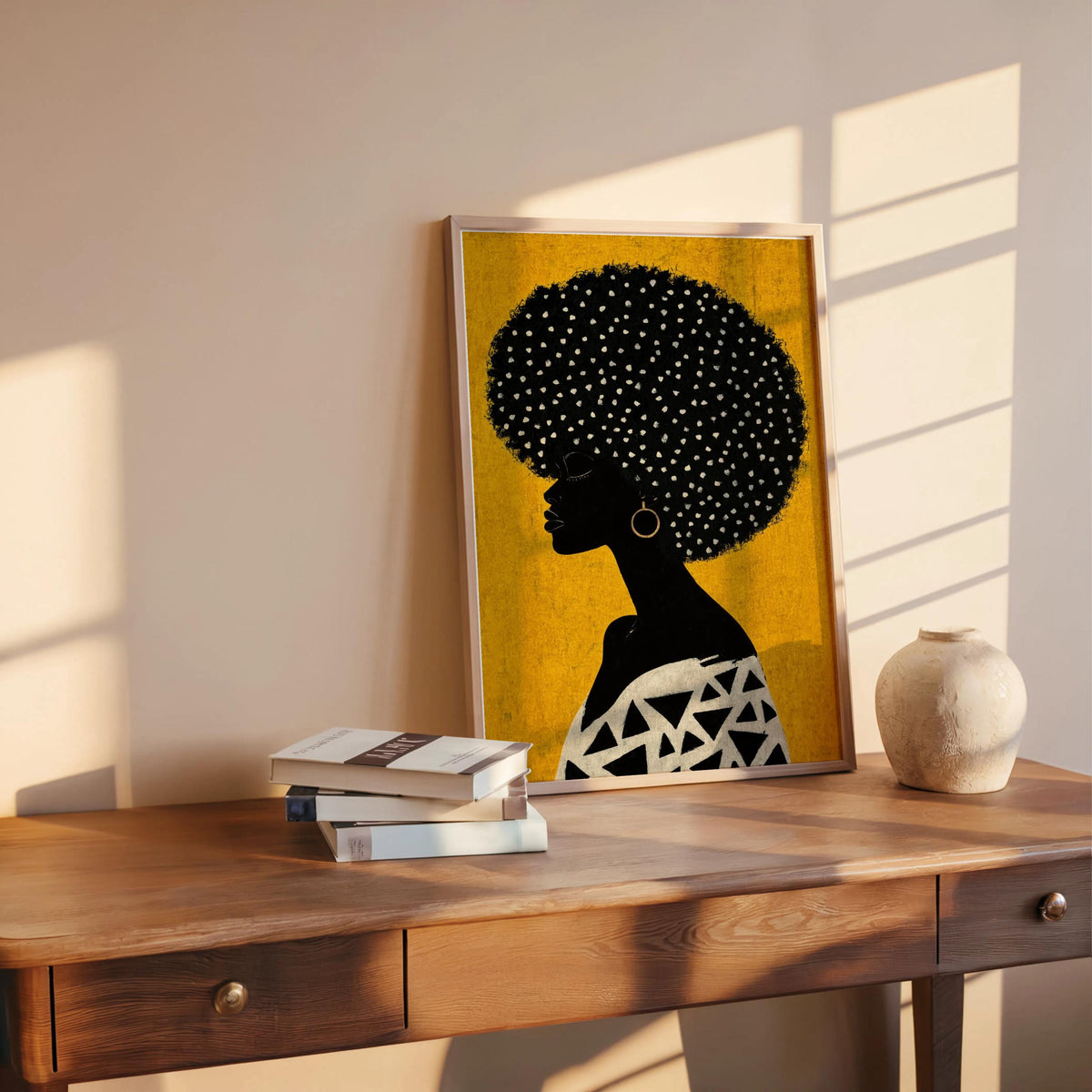 Mustard yellow print resting on a table, elegant silhouetted profile and patterned black-and-white top, Afrocentric Black woman wall art