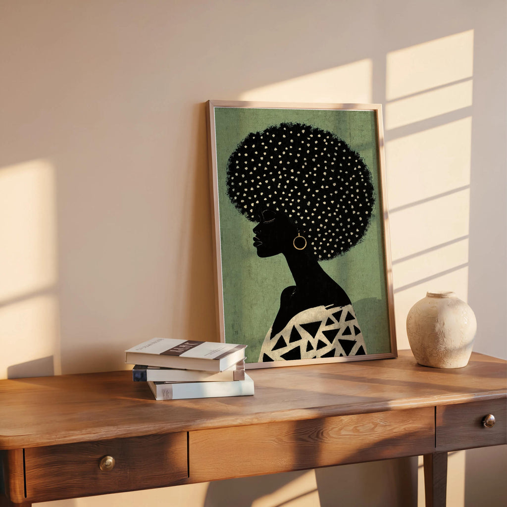 Desk vignette with sage-green leaning print, strong Black woman silhouette and contrasting geometric top, Afrocentric Black woman wall art