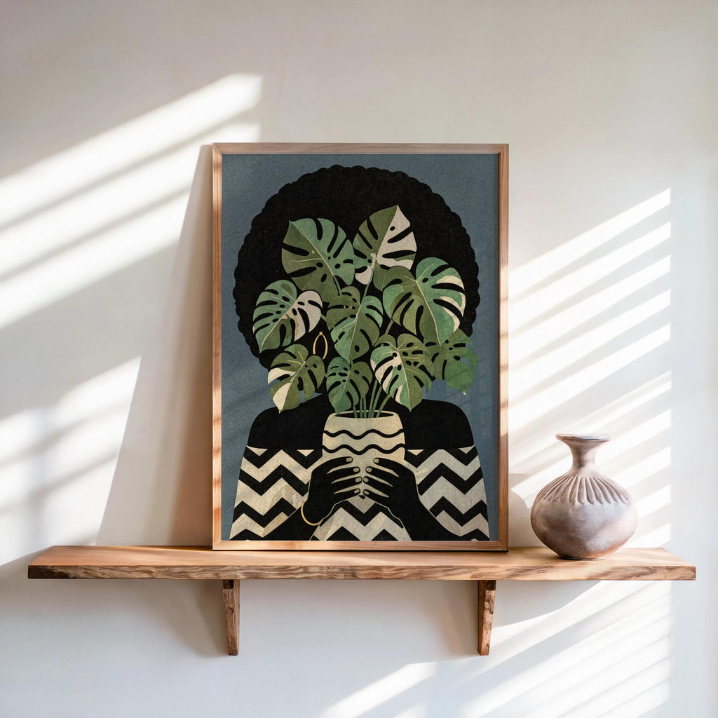 Black Woman Plant Abstract Print, Afrocentric Botanical Wall Art, Modern Monstera Afro Hair Painting, Ethnic African American Culture Decor