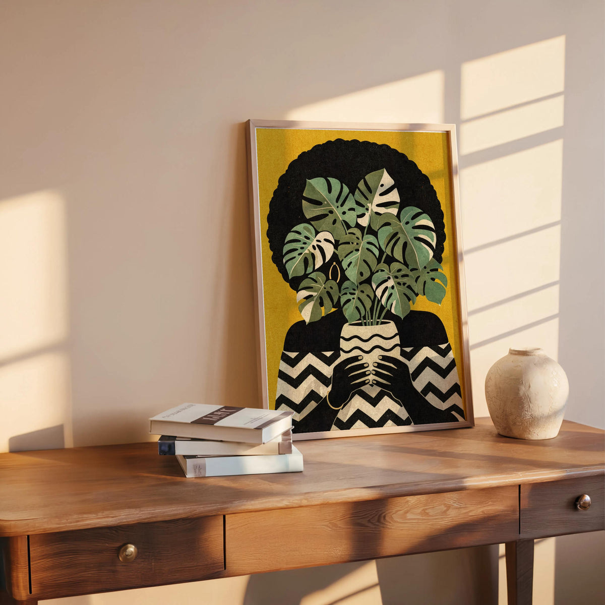 Black Woman Plant Abstract Print, Afrocentric Botanical Wall Art, Modern Monstera Afro Hair Painting, Ethnic African American Culture Decor