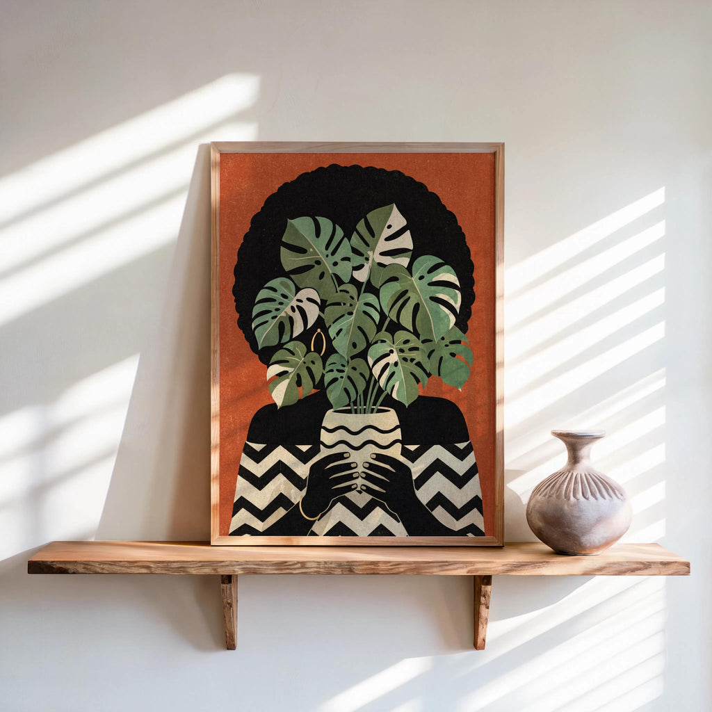 Black Woman Plant Abstract Print, Afrocentric Botanical Wall Art, Modern Monstera Afro Hair Painting, Ethnic African American Culture Decor