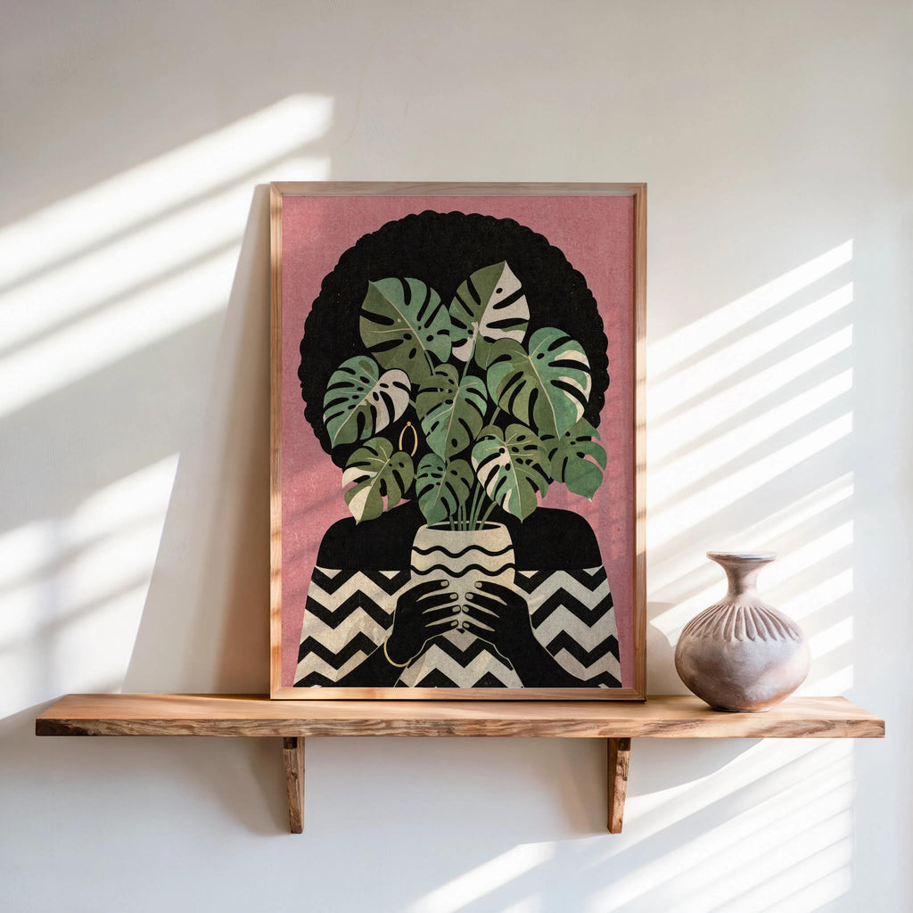 Black Woman Plant Abstract Print, Afrocentric Botanical Wall Art, Modern Monstera Afro Hair Painting, Ethnic African American Culture Decor