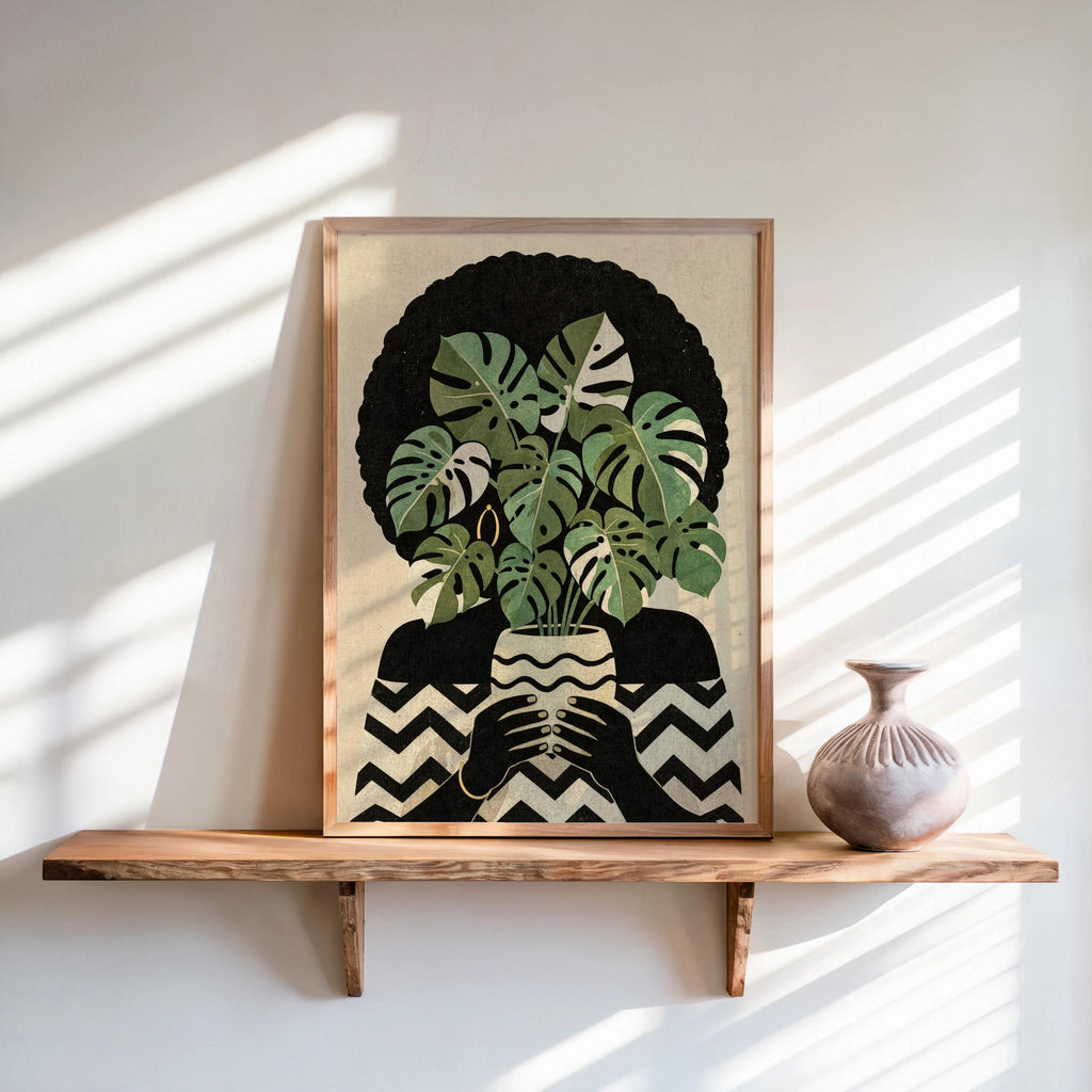Black Woman Plant Abstract Print, Afrocentric Botanical Wall Art, Modern Monstera Afro Hair Painting, Ethnic African American Culture Decor