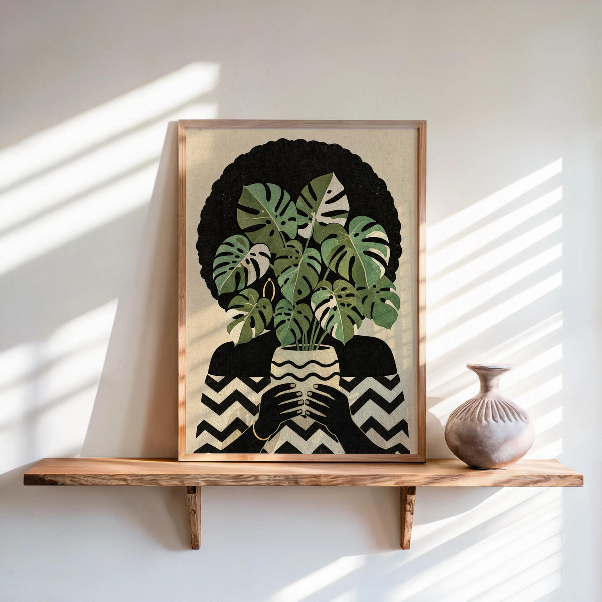 Black Woman Plant Abstract Print, Afrocentric Botanical Wall Art, Modern Monstera Afro Hair Painting, Ethnic African American Culture Decor
