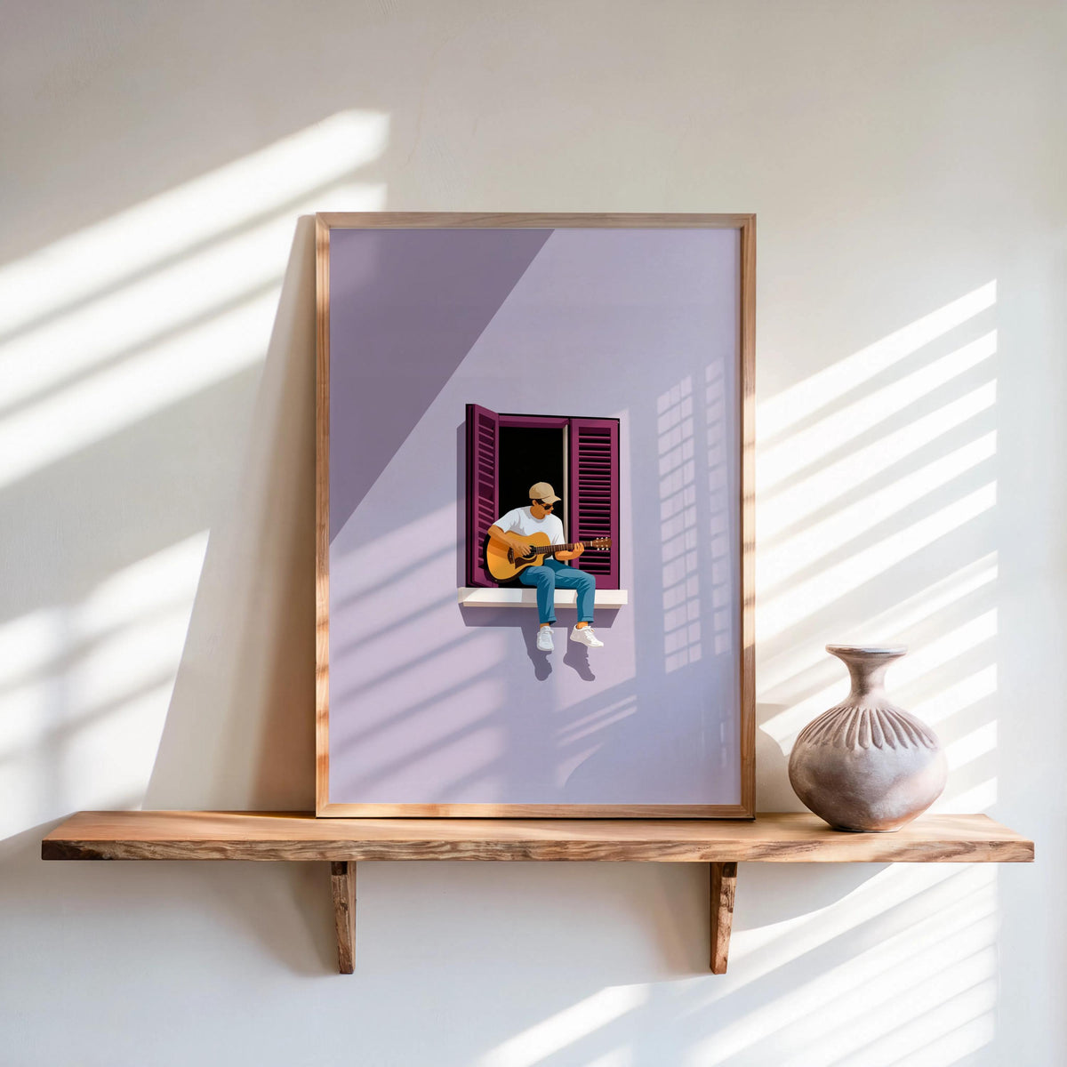 Guitar Player in Window Illustration, Minimalist Musician Art Print, Mediterranean Summer Music Graphic Poster, Multiple Colors Wall Art