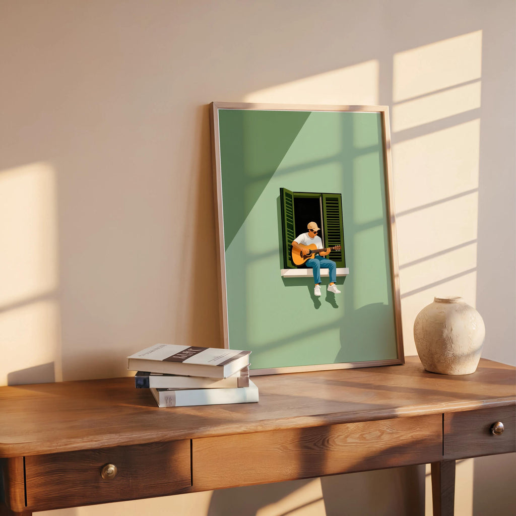 Guitar Player in Window Illustration, Minimalist Musician Art Print, Mediterranean Summer Music Graphic Poster, Multiple Colors Wall Art
