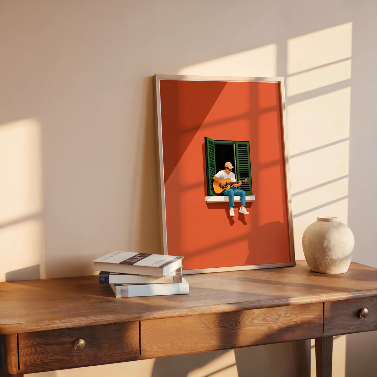 Guitar Player in Window Illustration, Minimalist Musician Art Print, Mediterranean Summer Music Graphic Poster, Multiple Colors Wall Art