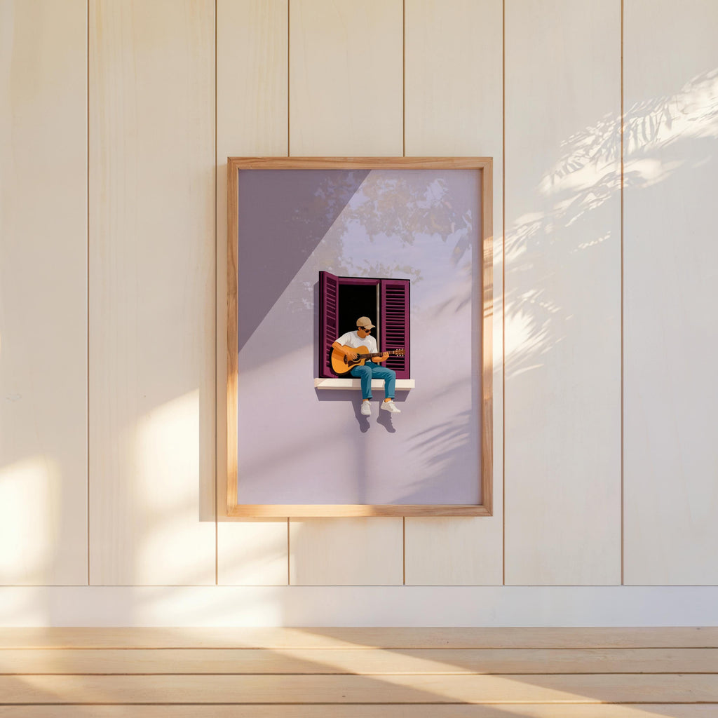 Guitar Player in Window Illustration, Minimalist Musician Art Print, Mediterranean Summer Music Graphic Poster, Multiple Colors Wall Art