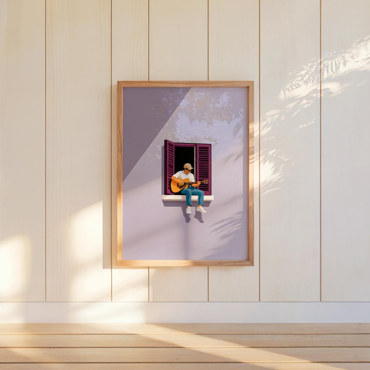 Guitar Player in Window Illustration, Minimalist Musician Art Print, Mediterranean Summer Music Graphic Poster, Multiple Colors Wall Art