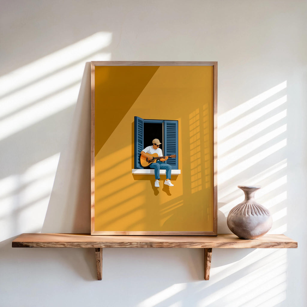 Guitar Player in Window Illustration, Minimalist Musician Art Print, Mediterranean Summer Music Graphic Poster, Multiple Colors Wall Art