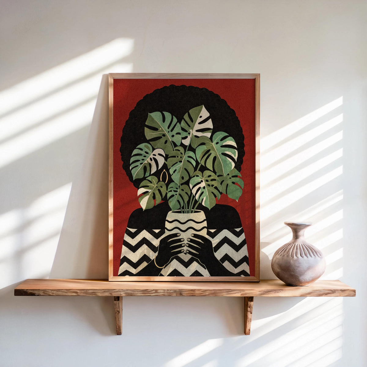 Black Woman Plant Abstract Print, Afrocentric Botanical Wall Art, Modern Monstera Afro Hair Painting, Ethnic African American Culture Decor