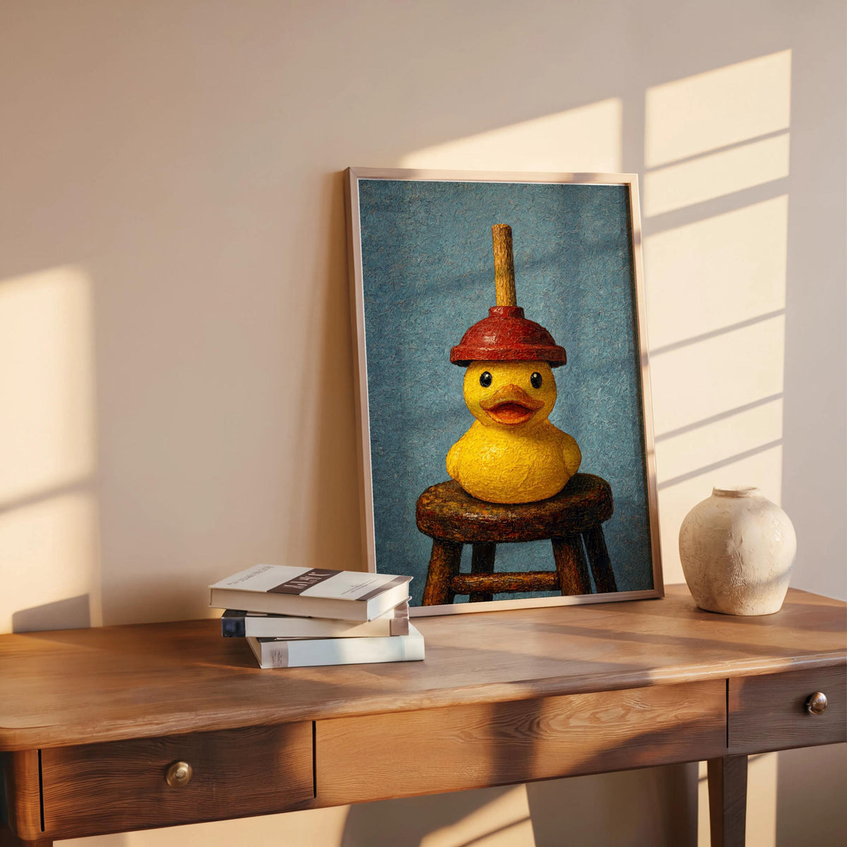 Blue-background funny rubber duck wall art leaning on desk, quirky duck poster with textured impasto.