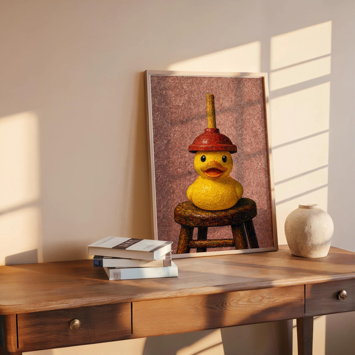 Pink-background quirky duck poster on desk, textured yellow duck print, playful rubber duck bathroom art.