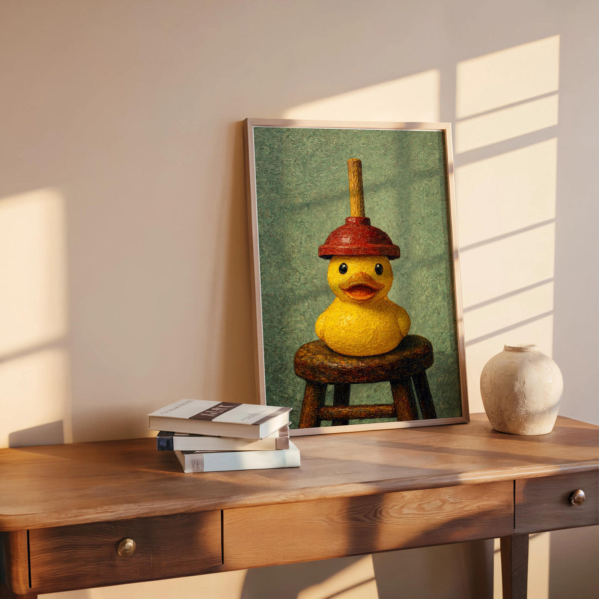 Green-background yellow duck print on wooden desk, vintage duck painting with tiny red plunger hat.