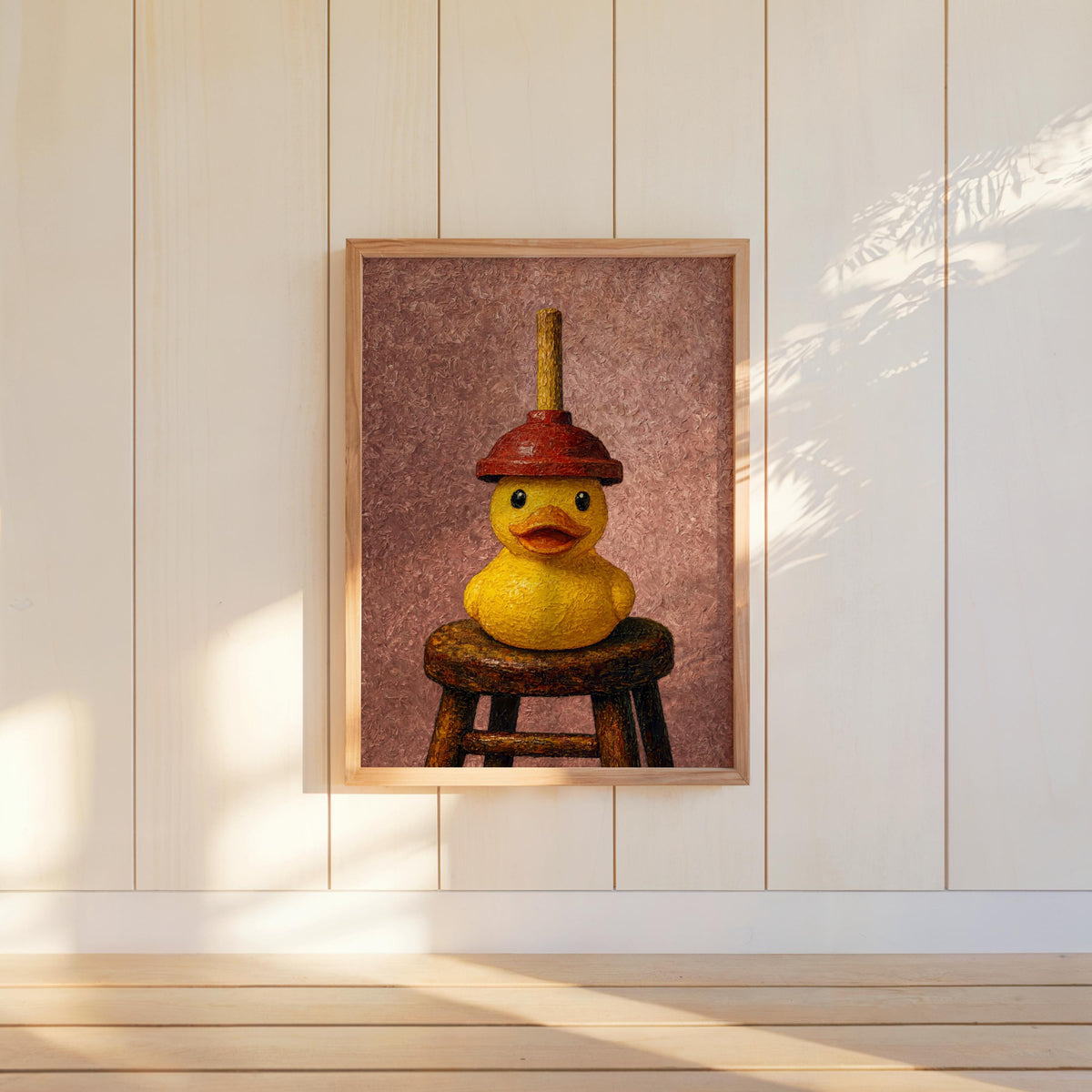 Small framed toilet humor art with pink backdrop, textured vintage duck painting, quirky duck poster look.