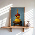 Framed funny rubber duck wall art on a shelf, blue-toned background, duck with red plunger hat.