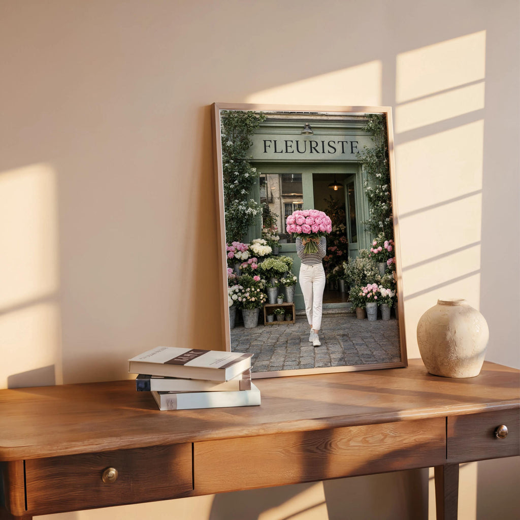 Woman with Pink Peony Bouquet Wall Art, Flower Shop in Paris Print, Floral Feminine Decor, Chic European Street Photography, French Market